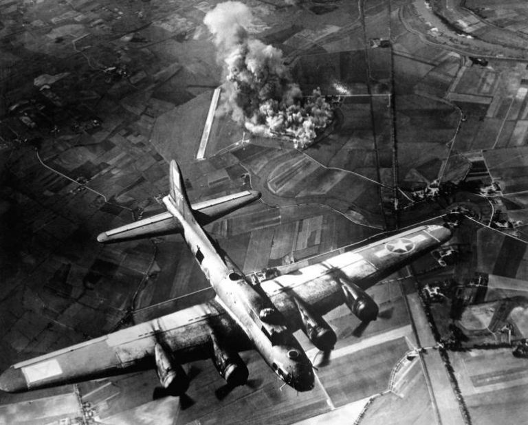 A raid by the 8th Air Force on the Focke Wulf factory at Marienburg, Germany (1943)